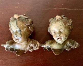 Pair Carved Wooden Angel Head Wall Decor