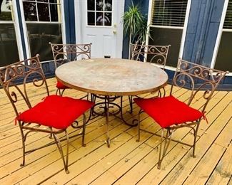 Outdoor Iron Patio Set, 4 Chairs & Stone Top Table