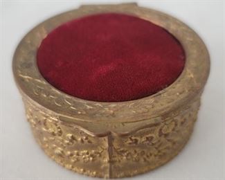 Gold Tone Round Trinket Box Lined in Red Velvet