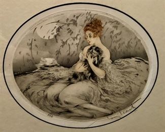 Louis Icart. Contentment. Antique Original Dry
Point Etching on Paper with Hand Watercolor, 1922.