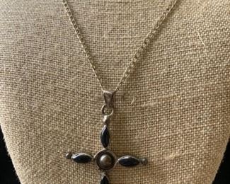 Sterling Silver 22in Chain with Large Sterling
Silver and Black Onyx Cross Pendant Purchased in Mexico