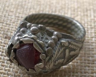 Unusual Handmade Antique Ring with Red Stone