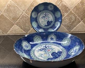 10in & 12in Blue, White, & Green Ceramic Bowls