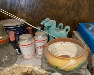 Vintage kitchen items, horse planters
