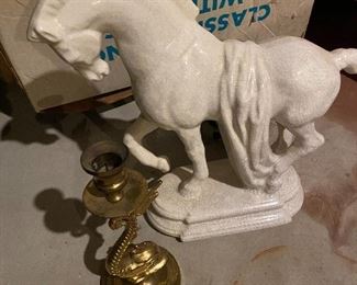Vintage horse figurine, one of two brass candle holders