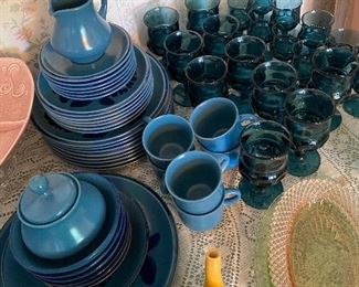 Beautiful blue stoneware dish set, blue glasses