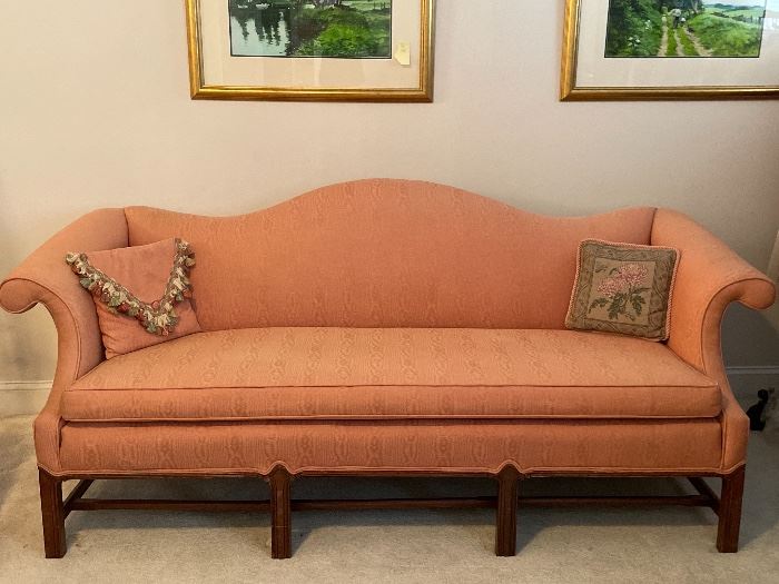 #1008A - Vintage camel back sofa with rolled arms, stands on eight wooden legs connected with a box stretcher, single bench cushion, 72” l. - $225