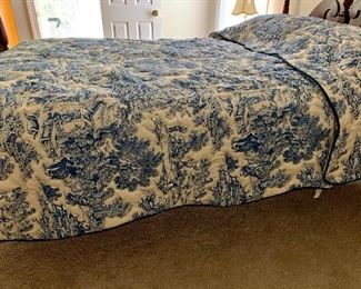 #1248C Toile queen custom made quilted comforter and 23” dust ruffle $165
