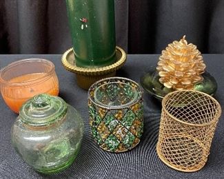 #1211A - Lot of 6 (5 candleholders and small green jar) - $8