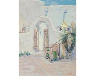 Dawson Dawson-Watson&nbsp;(1864-1939), "Gateway in the Patio", 1931, oil on canvas, 16 x 21", frame: 21.5 x 26.5"