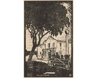 Mary Bonner (1887-1935), Alamo, woodblock print, 5.25 x 3.25", frame: 9.5 x 8”