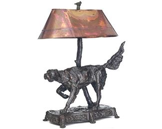 George Northup (b. 1940), Setter, 2002, ed. 31/35, bronze lamp base with copper shade and bird finial, 31 x 37"