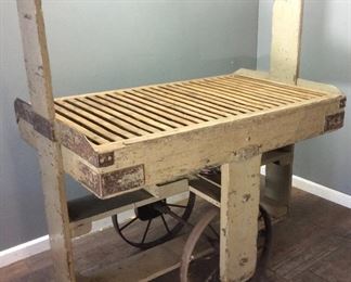 ANTIQUE TOBACCO DRYING RACK ON TRAIN WHEELS