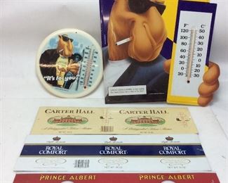 TOBACCO SIGNS AND THERMOMETERS PRINCE ALBERT, CAMEL, RJ REYNOLDS