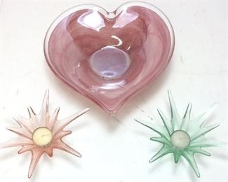 DEPRESSION GLASS CANDLE HOLDERS  AND HEART BOWL