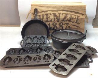 WENZEL AND LODGE CAST IRON SKILLETS, POTS, PANS