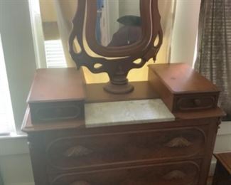 Antique Victorian 1870  burped walnut dresser marble top wishbone mirror acorn curved handles 2400.00