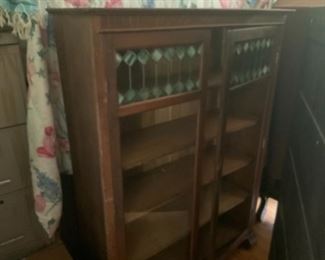 Larkin arts and crafts 1905 to 1920 quarter sawn oak blue and green stained glass bookcase glass front cabinet one glass panel missing crack in mirror $2000.00