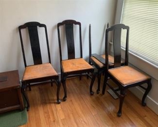 Set of 4 2 damaged Queen Anne legs dinner room chairs painted black $250.00