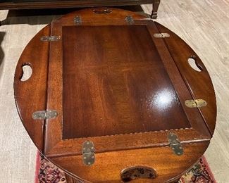 High End Traditional Mahogany Bookmatched 42” Butler’s Coffee Table, English Provincial Finish - $549