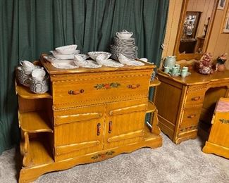 Vintage Western California Ranch Mission Spanish Revival Monterey Era Coronado 1930's Furniture Hand Painted Floral ~ La Fiesta Style Hutch/Buffet/Sideboard with Built in Shelves, Nortaki China Japan "Bloomfield", Vanity, Bench & Mirror