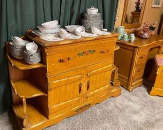 Vintage Western California Ranch Mission Spanish Revival Monterey Era Coronado 1930's Furniture Hand Painted Floral ~ La Fiesta Style Hutch/Buffet/Sideboard with Built in Shelves, Nortaki China Japan "Bloomfield", Vanity, Bench & Mirror