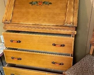 Vintage Western California Ranch Mission Spanish Revival Monterey Era Coronado 1930's Furniture Hand Painted Floral ~ La Fiesta Style Secretary Desk with Drawers & Chair, Vintage Mid Century Modern Mosaic Tile Table Hairpin Leg, Needlepoint Wall Decor,  Framed Puzzle Painting, Victorian Mahogany Corner Shelf, Hand Crafted Clock, Crystal Stemware