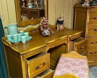 Vintage Western California Ranch Mission Spanish Revival Monterey Era Coronado 1930's Furniture Hand Painted Floral ~ La Fiesta Style Desk/Vanity & Bench, Wall Mirror, Chest of Drawers, Japanese Hakata Dolls, Vintage Japanese Kutani Porcelain Foo Fu Dog Shishi Lion Moriage, Lustreware Tea Set 