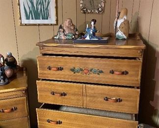 Vintage Western California Ranch Mission Spanish Revival Monterey Era Coronado 1930's Furniture Hand Painted Floral ~ La Fiesta Style Chest of Drawers, Japanese Hakata Dolls, Vintage Paper Mache Pig & Cat Hand Painted Mexican Folk Art Sculpture, Iris Painting on Rice Paper