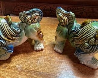Vintage Pair of Chinese FooDogs Majolica Style Komainu Shishi Lion