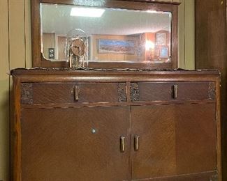 Antique Sideboard/Buffet/Chest, Anniversary Mantel Clock, Blue Transfer Asian Plate