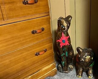 Vintage Western California Ranch Mission Spanish Revival Monterey Era Coronado 1930's Furniture Hand Painted Floral ~ La Fiesta Style Chest of Drawers, Vintage Paper Mache Pig & Cat Hand Painted Mexican Folk Art Sculpture