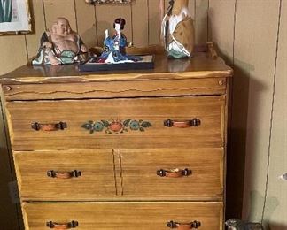 Vintage Western California Ranch Mission Spanish Revival Monterey Era Coronado 1930's Furniture Hand Painted Floral ~ La Fiesta Style Chest of Drawers, Japanese Hakata Dolls, Vintage Paper Mache Pig & Cat Hand Painted Mexican Folk Art Sculpture 