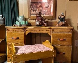 Vintage Western California Ranch Mission Spanish Revival Monterey Era Coronado 1930's Furniture Hand Painted Floral ~ La Fiesta Style Desk/Vanity & Bench, Wall Mirror, Japanese Hakata Dolls, Vintage Japanese Kutani Porcelain Foo Fu Dog Shishi Lion Moriage, Lustreware Tea Set 