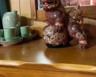 Vintage Western California Ranch Mission Spanish Revival Monterey Era Coronado 1930's Furniture Hand Painted Floral ~ La Fiesta Style Desk/Vanity & Wall Mirror, Vintage Japanese Kutani Porcelain Foo Fu Dog Shishi Lion Moriage, Lustreware Tea Set 