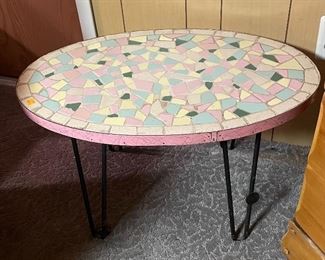 Vintage Mid Century Modern Mosaic Tile Table Hairpin Leg