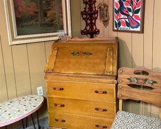 Vintage Western California Ranch Mission Spanish Revival Monterey Era Coronado 1930's Furniture Hand Painted Floral ~ La Fiesta Style Secretary Desk with Drawers & Chair, Vintage Mid Century Modern Mosaic Tile Table Hairpin Leg, Needlepoint Wall Decor,  Framed Puzzle Painting, Victorian Mahogany Corner Shelf, Hand Crafted Clock