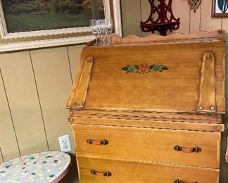 Vintage Western California Ranch Mission Spanish Revival Monterey Era Coronado 1930's Furniture Hand Painted Floral ~ La Fiesta Style Secretary Desk with Drawers & Chair, Vintage Mid Century Modern Mosaic Tile Table Hairpin Leg, Framed Puzzle Painting, Victorian Mahogany Corner Shelf, Hand Crafted Clock