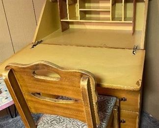 Vintage Western California Ranch Mission Spanish Revival Monterey Era Coronado 1930's Furniture Hand Painted Floral ~ La Fiesta Style Secretary Desk with Drawers & Chair, Framed Puzzle Painting, Victorian Mahogany Corner Shelf, Hand Crafted Clock, Crystal Stemware