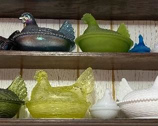 Assorted Vintage Glass Chickens in Baskets