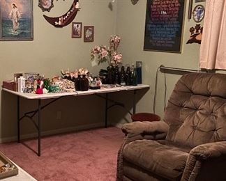 Assorted Household Decor, Wooden Cross Decoration, Wind Chime, Oversized Recliner