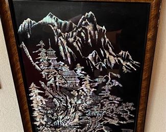 Vintage Japanese Mother of Pearl on Black Enamel Mt. Fujiyama