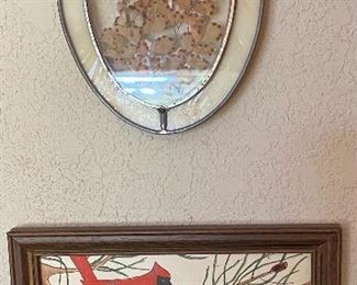 Framed Cardinals Card, Encased in Stained Glass Dried Flowers