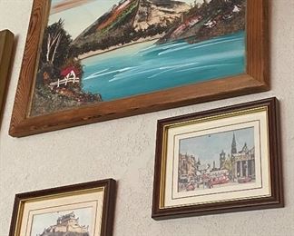 Vintage Framed Japanese Bark & Moss 3D Pictures Art Diorama Mt. Fuji Scene, Ink Art Street Scene & Castle