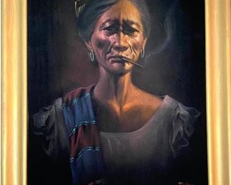 Oil on Velvet "Lolo" Elderly Man with Rooster & Smoking a Cigar, "Lola" Elderly Woman Smoking Wearing Traditional Clothing Signed Ener Philippines
