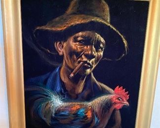 Oil on Velvet "Lolo" Elderly Man with Rooster & Smoking a Cigar, "Lola" Elderly Woman Smoking Wearing Traditional Clothing Signed Ener Philippines