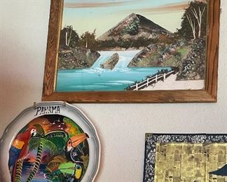 Vintage Framed Japanese Bark & Moss 3D Pictures Art Diorama Mt. Fuji Scene, Collectible Plate Panama, Minnie Silk Screen