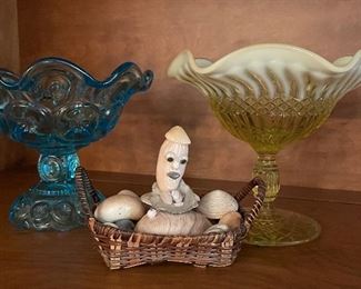 Vintage Blue Moon & Stars Candy Dish, Yellow Vaseline Depression Glass Glows Uranium, Hand Crafted Seashells in a Basket