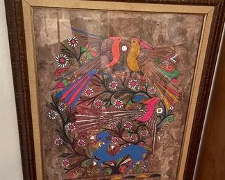 Hand Painted Bird Flowers Mexican Folk Art Picture on Amate Bark Paper