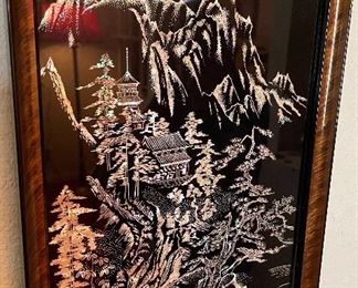 Vintage Japanese Mother of Pearl on Black Enamel Mt. Fujiyama